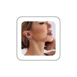 Atentuyi Boho Nose Ring Chain for Ear Silver Dangle Nose Hoop Punk Septum Crystal Nose No Piercing CZ Drop Tassel Hollow Round Cuff Earrings Jewellery for Women and Girls, Zinc