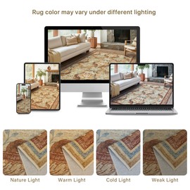 Bavni 8x10 Area Rugs for Living Room, Microfiber Machine Washable Non-Slip Vintage Floral Rug, Low Pile Lightweight Carpet for Bedroom, Dining Room, Home Office, Beige & Terracotta