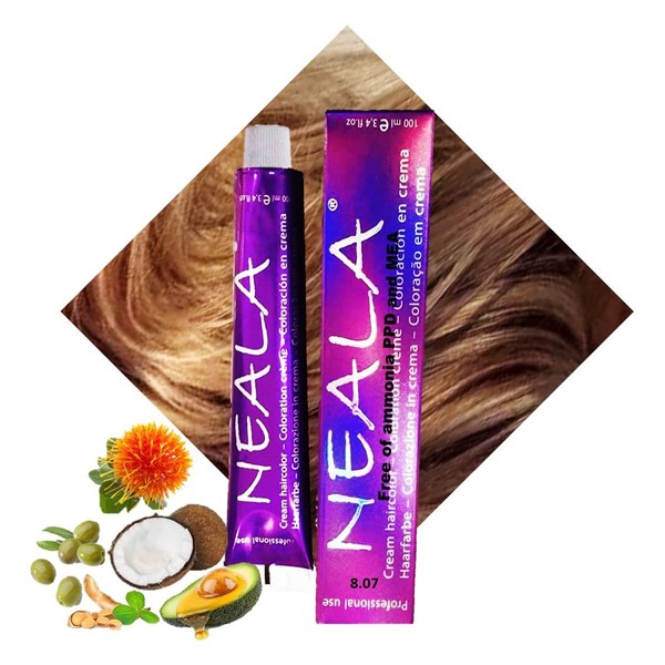 Professional hair colour, ammonia-free, without amonia and free from PPD and MEA, 8.07, light blonde honey colour, NEALA 100 ml.