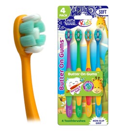 GuruNanda Butter On Gums - Cepillo dental para niños, paquete de 4, multicolor y divertido, mango extra suave