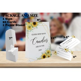 Candy Guessing Game Cards-1 Sign 8x11" and 50 Cards, Sunflower Guess How Many Game Sign, for Boys Girls Birthday Party, Baby Shower, Party Games Activities and Decorations 09