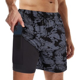 Suwangi Men's Swim Trunks Double Layer Beach Shorts Quick Dry Swimming Trunks Compression Liner 2 in 1 Swim Shorts Boxer Brief Waterproof Surfing Boar