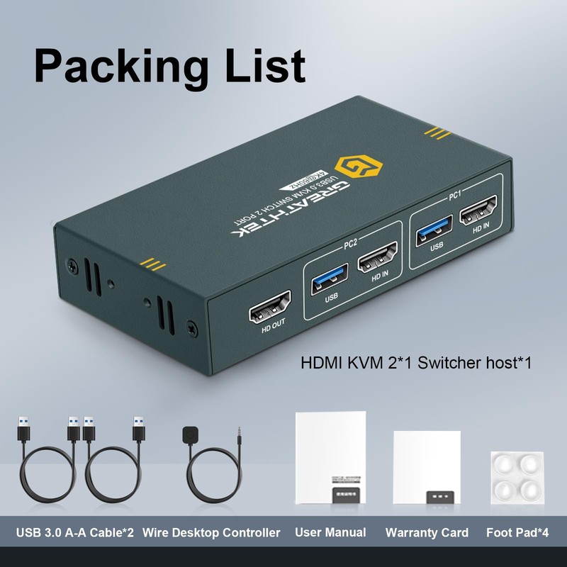 GREATHTEK USB 3.0 KVM Switch HDMI 4K@60Hz, 2 Port KVM