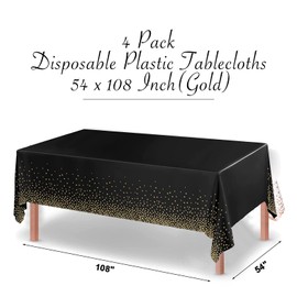 Disposable Plastic Tablecloths, 4 Pack Black and Gold Sequins Tablecloth 54" x 108" Party Table Cover Table Runner for Rectangle Tables up to 8 ft and Birthday Wedding Christmas New Year BBQ Banquet