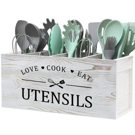 Extra Large Kitchen Utensils Holder with 4 Compartments, Wooden Storage Utensil Holder Organizer for Counter or Countertop, Farmhouse Decor, Rustic Cooking Utensil Kitchen Tool