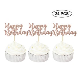 Sumerk 24PCS Glitter Rose Gold Happy Birthday Cupcake Toppers Anniversary Baby Shower Birthday Cupcake Picks Party Decorations Supplies