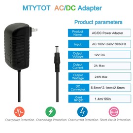 DC 12Volt 2A Power Supply Adapter 24W AC DC Wall Adapter 100-240V AC to DC 12V 2A 1.5A Power Adapter Converter with 5.5mm x 2.5mm Compatible with 5.5x2.1mm Tip 12V ac/dc Transformer Adapter