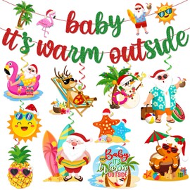 Tropical Christmas Decorations, Summer Christmas Decorations includes Glitter Baby Its Warm Outside Banner and Santa Hanging Swirls, for Hawaiian Luau Beach Theme Christmas Decorations