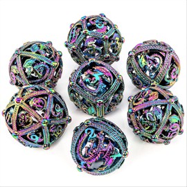 Metal DND Dice Set - Unique Round Hollow Orb Design for Better Rolling - Beautiful Dragon Set for Role Playing Games (RPG) - Stunning D&D Dungeons and Dragons Dice (Rainbow)