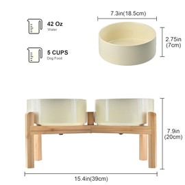 SPUNKYJUNKY Elevated Dog Bowls Ceramic, 7.3'' Dogs Food Water Bowls Raised with Non-Slip Bamboo Stand for Medium to Large Sized Breed Microwave Dishwasher Safe - 42 OZ,Beige