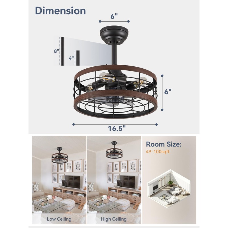 LEDIARY 16.5in Caged Ceiling Fan with Light, Bladeless Industrial Ceiling