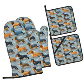 Colors Dachshund Weiner Dog Oven Mitts and Pot Holders Sets of 4, Heat-Resistant Hot Pads Non-Slip BBQ Gloves for Kitchen Baking Cooking Grilling