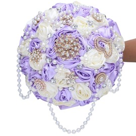 Gkvszy Cascade Bridal Wedding Bouquet with Rhinestone Brooch Pearl String Bouquet for Bride Bridesmaid Quinceanera Satin Rose Flower Bouquet Wedding Lilac Light Purple and Ivory 8.7in