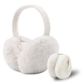 Winter Earmuffs for Women Faux Fur Ear Muffs Warm Kid Plush Earmuffs Foldable Ear Warmer Windproof Adjustable Ears Covers (White)