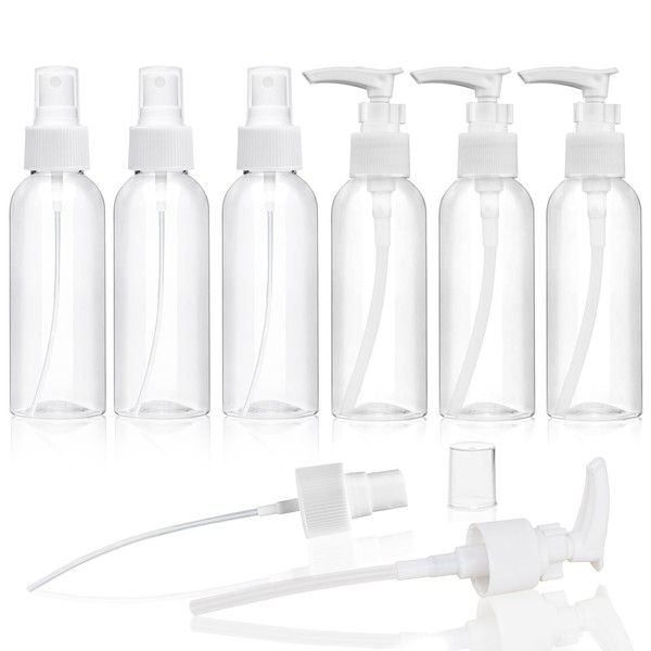 Travel Bottles Fine Mist Spray Bottle Pump Bottles Dispenser 3.4oz/100ml 6 Pack Clear Plastic Tsa Approved Reusable Container for Shampoo Lotion,Cleaning Solutions,Plants,Pet,Essential Oils, Hair,Cook