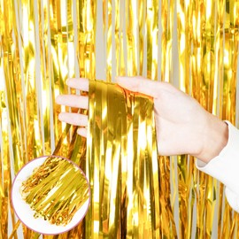 SquarePie Foil Fringe Curtain Backdrop 3 Pack 3.2ft x 8.2ft Gold Tinsel Streamers for Birthday Party Decoration Baby Shower Decor