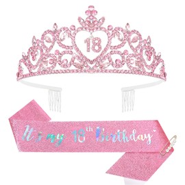 Araluky Pink Happy 18th Birthday Decorations for Girls, 18th Brthday Sash and Crown for 18 Birthday Gifts for Girls