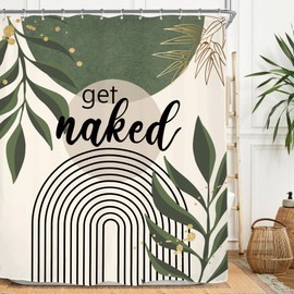 Miyotaa Abstract Minimalist Sage Green Shower Curtain Set 60Wx71H Inches Get Naked Aesthetic Modern Geometric Neutral Contemporary Plant Leaves Waterproof Bathroom Curtain with 12 Hooks