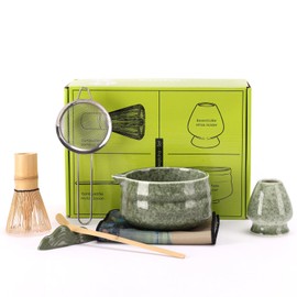 VONAHAST Japanese Matcha Whisk Set - 7-Piece Kit Bamboo Chasen, Ceramic Bowl with Spout, Stainless Steel Sifter & Holder Green