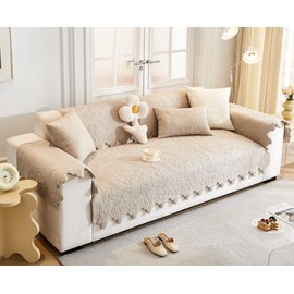 Huierxun Luxury Vintage Cotton Embroidery Sofa Cover 3D Floral Textured Boho Seat Cushion Cover Quilted Sectional Couch Cover Anti-Slip Sofa Slipcovers Furniture Protector for Pet Dog (Khaki,28"x28")