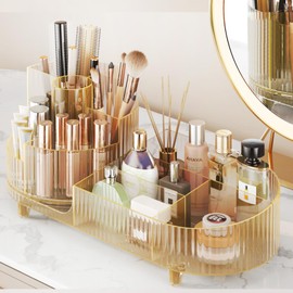 New Rotating Makeup Organizer for Vanity with Brush Holder, Cosmetic Makeup Storage Organizer, Large Capacity Spinning Makeup Skincare Organizer, Countertop Makeup Perfume Lotions Display Case