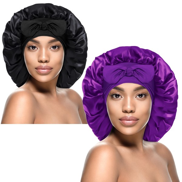 Kenllas Satin Silk Bonnet for Women - Large Sleep Cap with Tie Band for Curly Dreadlock Braid Hair Care（Black & Purple）