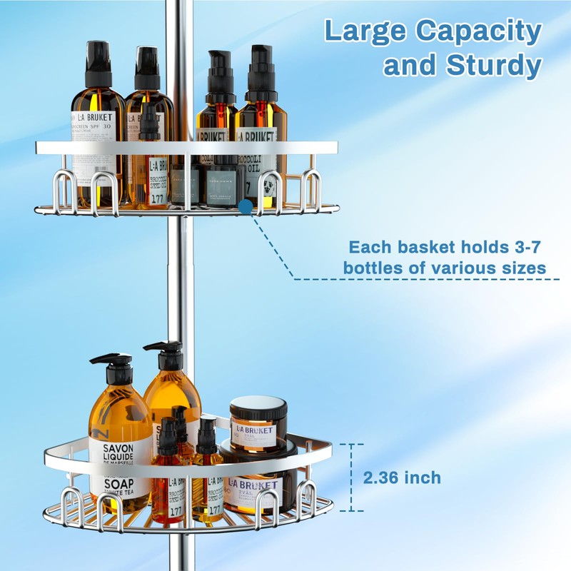 Rustproof Shower Corner Caddy Shelf for Bathroom Tension Pole Organizer