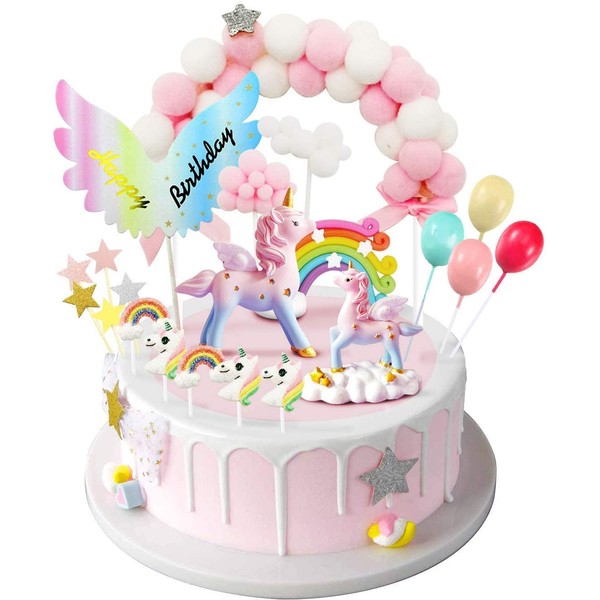 MOVINPE Unicorn Cake Topper, 2 Magic Unicorns Sculpture, 1 Pink Hairball Arch, 1 Rainbow, 1Wings Happy Birthday Banner, 2 Cloud, 4 Balloon, 10 Stars, 3 Little Unicorn Rainbows, Cake Decoration For Girl Kid Women Birthday Party
