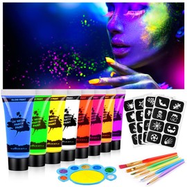 AOOWU UV Glow Face Body Paint Set, 8 Colors UV Blacklight Neon Fluorescent Face Paint, Non Toxic Face Painting with Palette and Brushes, Club Makeup Art Paint Kit for Adults Kids Party Carnival