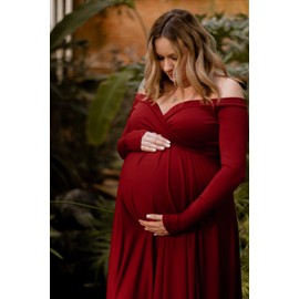Saslax Maternity Off Shoulders Long Sleeve Half Circle Gown for Baby Shower Photo Props Dress Burgundy 162 Large