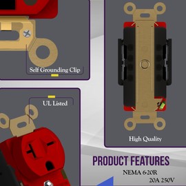 ENERLITES Hospital Grade Duplex Receptacle, Polycarbonate Thermoplastic, 2-Pole, 3-Wire 20A/250V, 6-20R, UL Listed, Self-grounding, Break-Off Plaster Ears and Tabs, 62021-R, Red