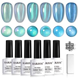 RARJSM Blue Cat Eye Gel Nail Polish Set 6pcs Reflective Diamond Glitter Clear Light Gray Sea Blue Green Tone Glass Cateye Gelpolish with Magnet Stick 7.5ml Curing Requires Soak Off for Home Salon