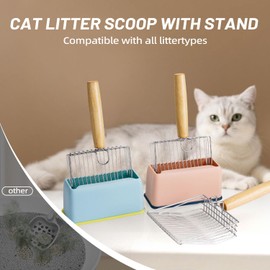 Pyrrion Cat Litter Scoop with Organizer Wooden Handle Durable Non-Stick Litter Scoop Large Litter Box Cleaning Tool Stainless Steel Filter Design Easy to Clean