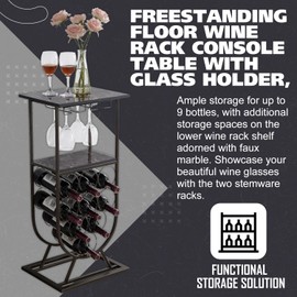 Kings Brand Furniture - Swayze Wine Rack - Wine Rack Freestanding Floor Console Table - Metal Floor Wine Rack - Wine Rack with Glass Holder - Wine Rack Table with Storage - 9 Bottles - Pewter/Marble
