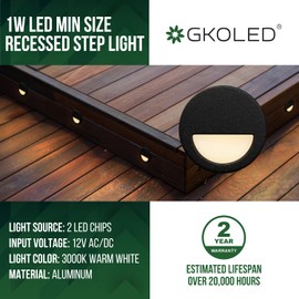GKOLED 12 Pack Recessed Low Voltage Mini Size LED Step Riser Light, Φ1 Halfmoon Landscape Lighting for Outdoor Deck Stair Railing Post, 12V 3000K Die-cast Aluminum, White