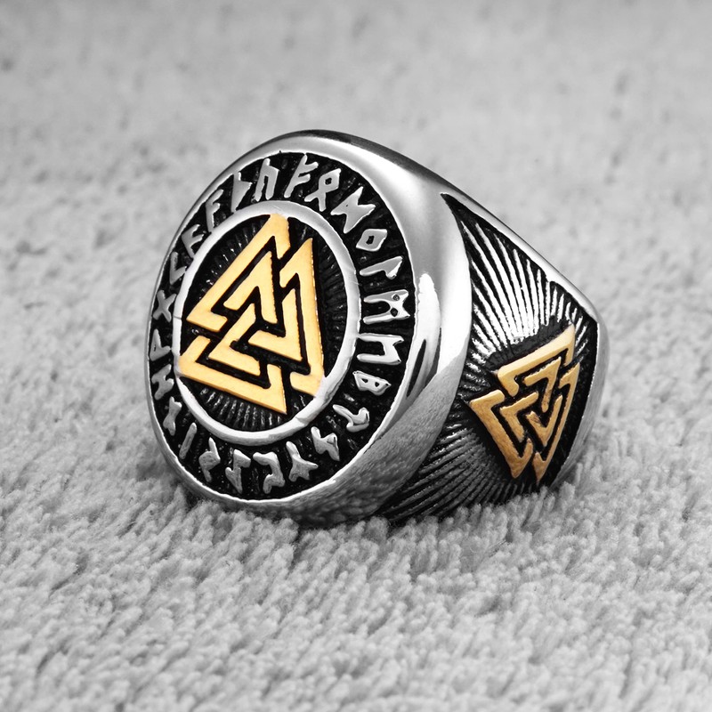Gungneer 18K Gold Plated Viking Valknut Ring Rune Letter Circle