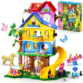 HOGOKIDS Girls House Building Set with LED Light, Pet Funpark Friends Tree House Blocks with Stable Slides Swings, 4-Story Garden Building Toy for Role Play, Birthday Gift for Girl Boys Kids Ages 6-12