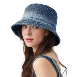 LEOMOSTE Denim Rhinestones Bucket Hat for Women Packable Travel Summer Beach Hat Gradient Fisherman Hat