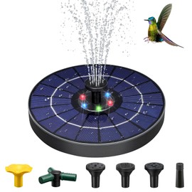 Biukpy Upgraded 4W Solar Fountain Pump with 6-Colored LED Lights, Built-in 1500mAh Battery & 6 Nozzles - Bird Bath Fountain, Pond Fountain, Garden Decor