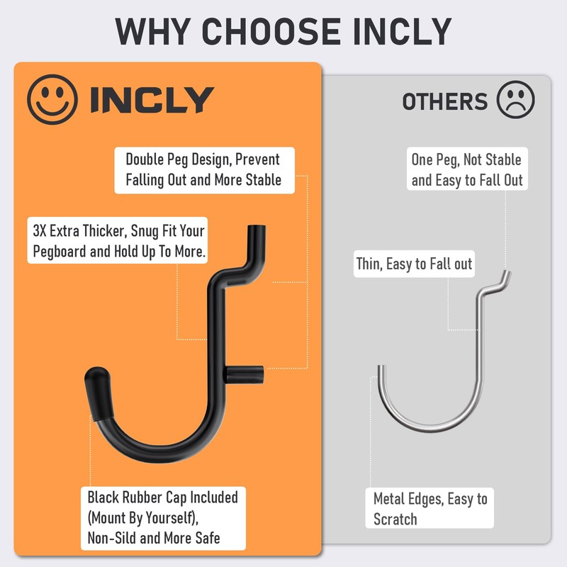 INCLY 176PCS Extra Thick Pegboard Hooks, 1/4" Heavy Duty Black
