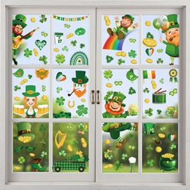St Patrick's Day Window Clings Stickers Lucky Shamrock Clover Gnome Decals 175 PCS Window Decals Double-Sided Stickers for St Patrick's Day Party Wall Window Glass Door Decoration