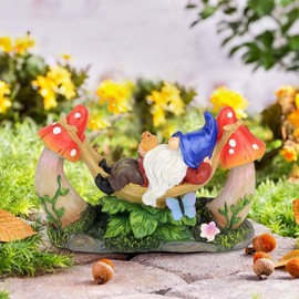 Sinhra Outdoor Garden Gnome Statue,Solar Gnomes Figurine Lying on Hammock with Bird and Mushrooms,Outdoor Garden Decoration for Patio Yard Lawn Porch,Garden Gifts for Mom/Grandma/Women