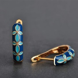 1 Pair Exquisite Luxury Court Vintage Style Hoop Earrings Blue Enamel Flower Accents, Golden Bordered Copper Hoop Elegant DesignColor: Gold