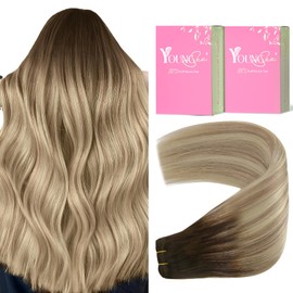 YoungSee Hair Extensions for Women Weft Ombre Blonde Weft Extensions Human Hair Dark Brown with Medium Ash Blonde and Light Blonde Highlights Sew in Human Extensions Long-Lasting Style 22Inch 100G