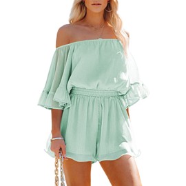 Pink Queen Women's Strapless Boho Jumpsuit Mini Dress Ruffle Romper Off Shoulder, Green