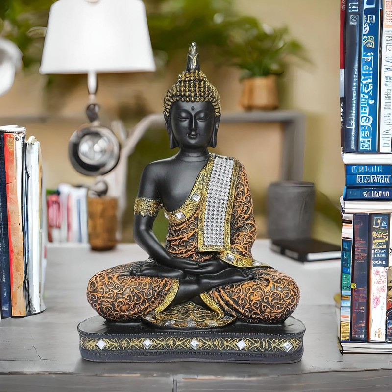 Global Grabbers Sitting Buddha Idol Statue Showpiece Orange and Black