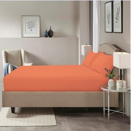 HADI LONDON Microfibre Fitted Sheet Single Double King and Super King - 16 inch (40 cm) Extra Deep Pocket Soft Plain Dyed Brushed Shrinkage and Fade Resistant Bed Sheet (Orange, Single)