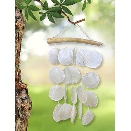 Capiz Wind Chime for Outside – Jumbo White Shell and Driftwood Windchime Outdoor Garden Patio Décor Gift 18” Long