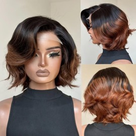 Ombre Brown Layered Wig Side Part Short Wave Bob Human Hair Wig For Black Women 13x6 Invisible HD Lace Front Wig Pre Plucked 1B33 Colored Brazilian Remy Hair Bleached Knots 150% Density 8Inch