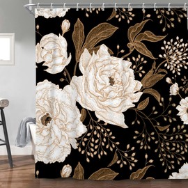 ChloropLastid Black Gold Floral Shower Curtain Black Flowers Shower Curtain Abstract Retro Boho Botanical Mid Century Modern Bath Curtain Fabric Waterproof with 12 Hooks 72 x 72 Inch